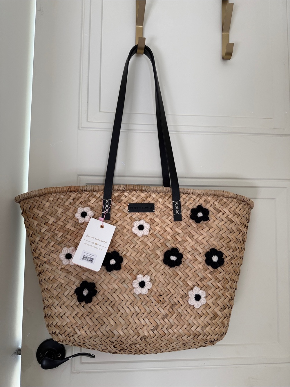Poppy and peonies Straw Tote Bag with Black & Cream Floral Appliqué